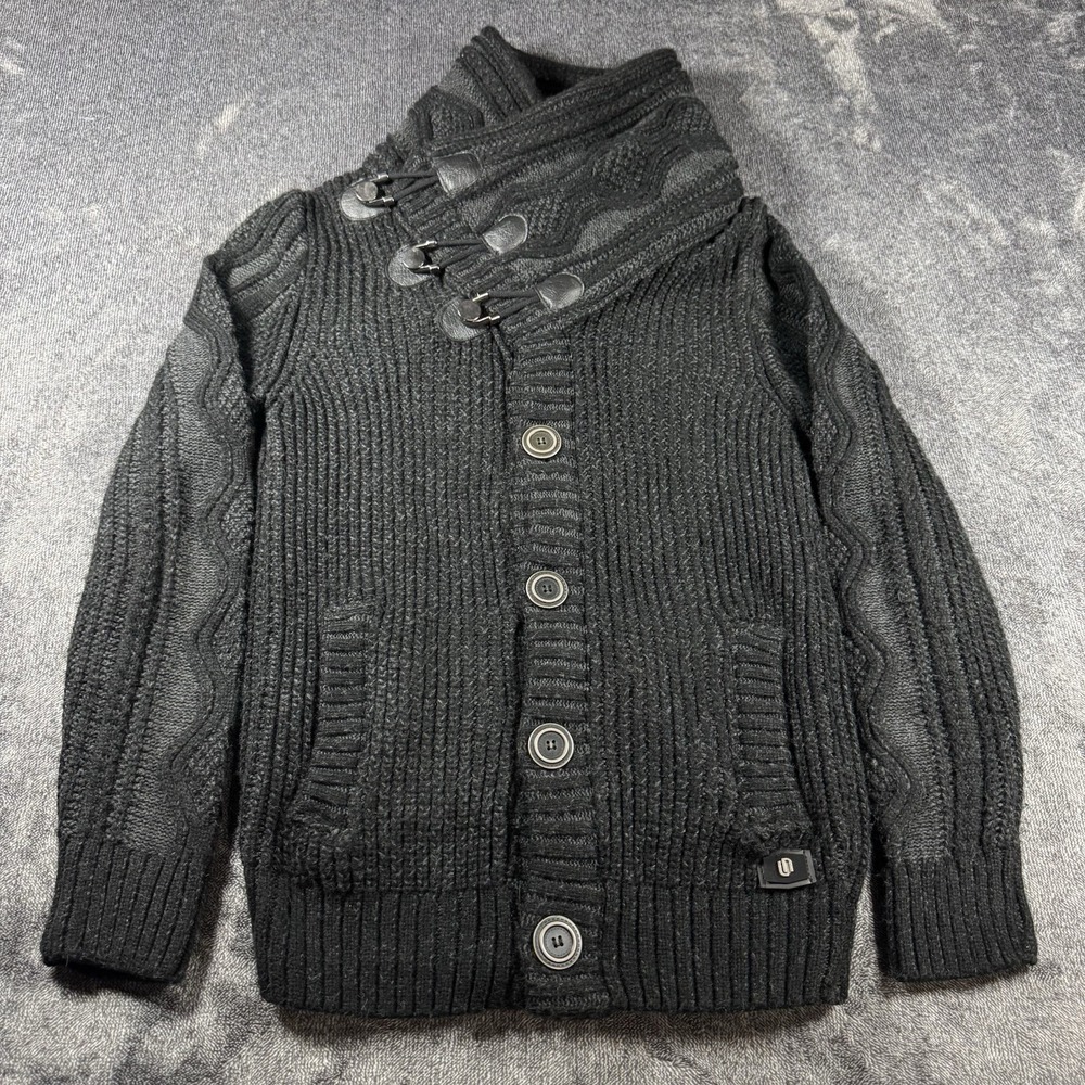LEIF NELSON Mens Small Black Cable Knit Chunky Shawl Collar Sweater Pullover